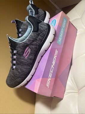 Skechers Women's Charcoal Knit Slip-On Sneakers with Pink Details